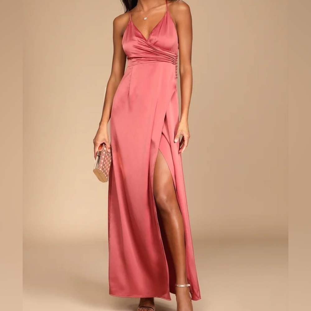 Lulu’s Outstanding Elegance Deep Rose Satin Surplice Maxi Dress Pink XL